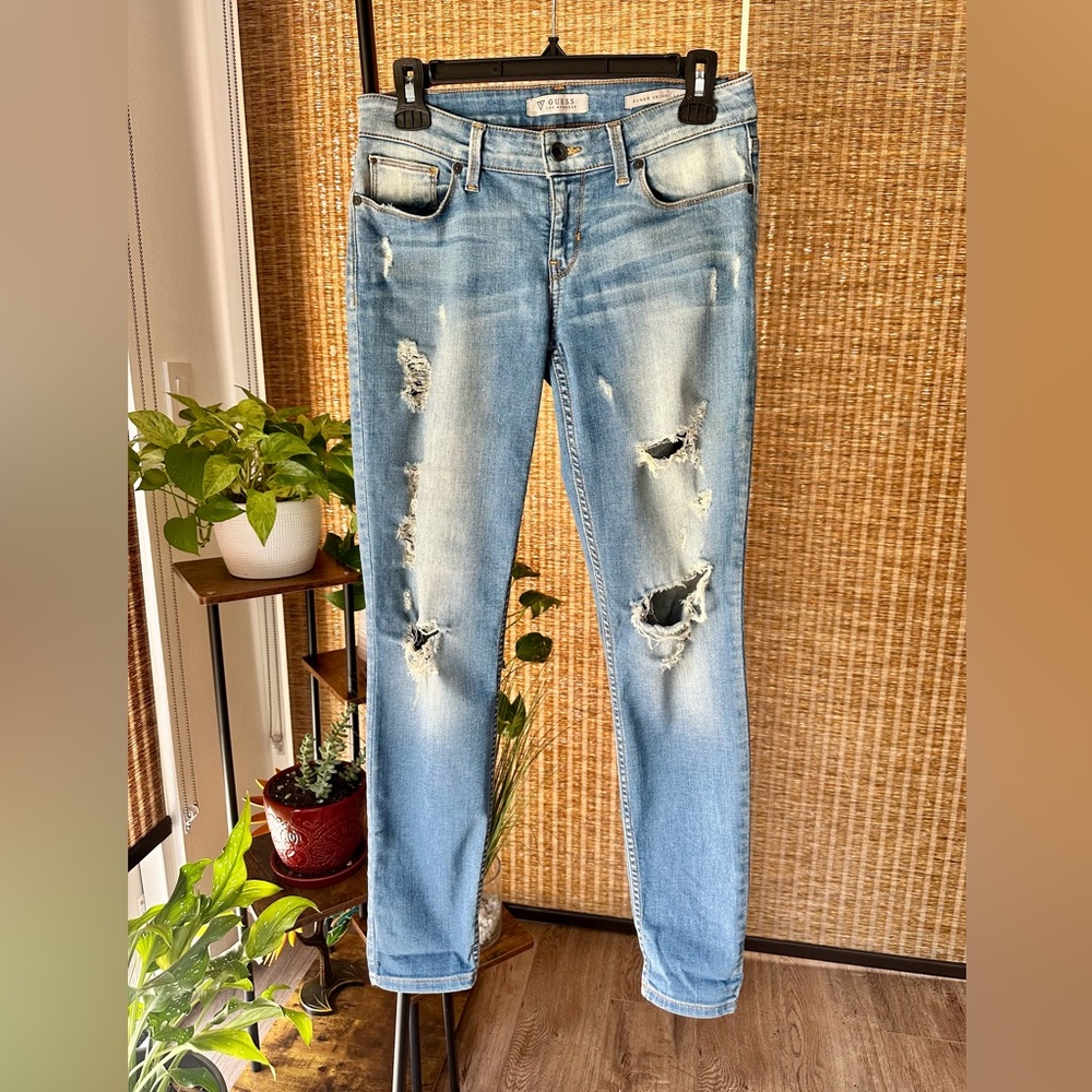 Guess Blue Power Skinny Low Distressed Jeans 27